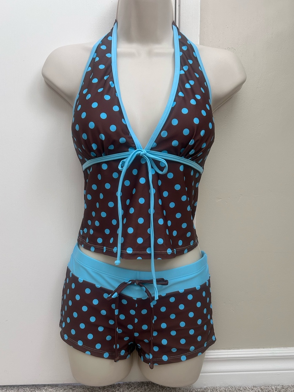 Brown & Light Blue Polka Dot Tankini Set